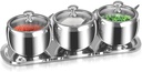 3 Grids 10 Oz Stainless Steel Sugar Bowl with Spoon Tray Lid, Silver Salt Spice Containers Dispenser Set, Sugar Jar Holder Dish for Coffee Bar Storage Seasoning Kitchen Countertop (Silver)