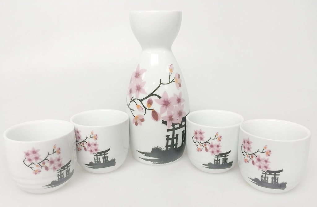 5-piece Sake Set (White with Pink Cherry Blossoms and Torii)