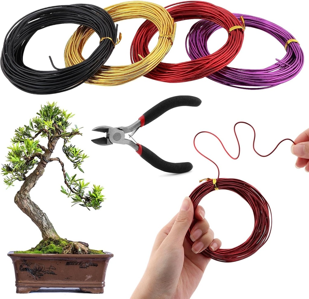 LOQJSS 4 Roll Bonsai Wire,Bonsai Training Wire with Wire Cutter,Anodized Aluminum Bonsai Training Wire,Bonsai Tree Wire Bonsai Wire Craft for Bonsai Trees Indoor Garden DIY Tools
