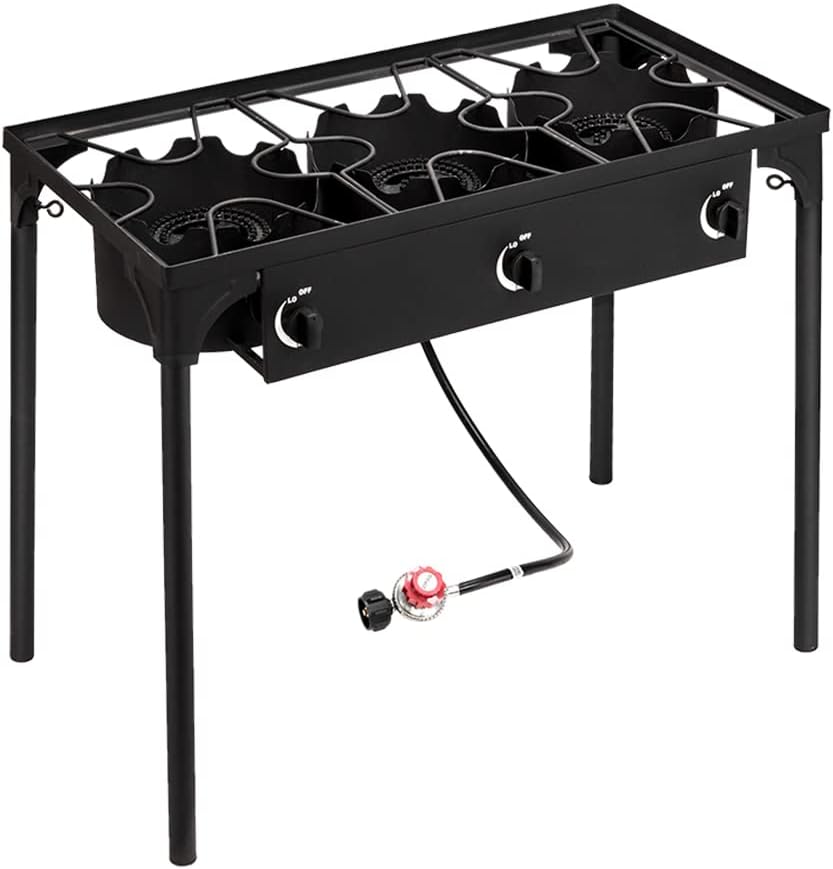 Outdoor Camping Stove, Portable Propane Burner Gas Cooker - Camp Stoves 3 Burner Propane Stove for Camping Cooking, High Pressure Iron Cast Patio Three Burner with Detachable Legs, 225000 BTU