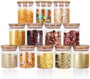 Glass Jars 9OZ, 12 Set with Bamboo Airtight Lids and Labels, Food Cereal Storage Large Spice Containers for Home Kitchen Tea Coffee Flour Herbs Grains