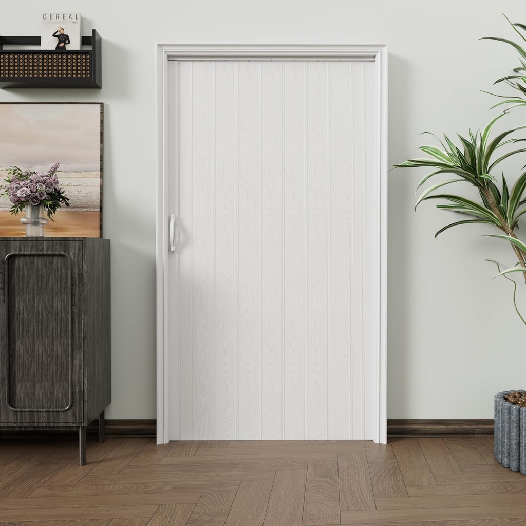 24"-36" x 80" Single Layer White Accordion Doors, with Roller & Handle & Complete Hardware, Interior Multifold Folding Doors for Closet & Pantry, Easy Installation, Easy to Clean, Space-Saving
