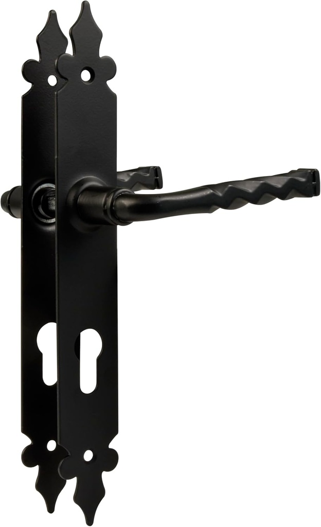 Amig - Set of Door Handles Mod. 106PB | 270 x 36 mm | Zamak Steel Plate Lever | Black Finish | Includes Euro Profile Key Escutcheon | 8mm Square | Hand Forged Rustic Style