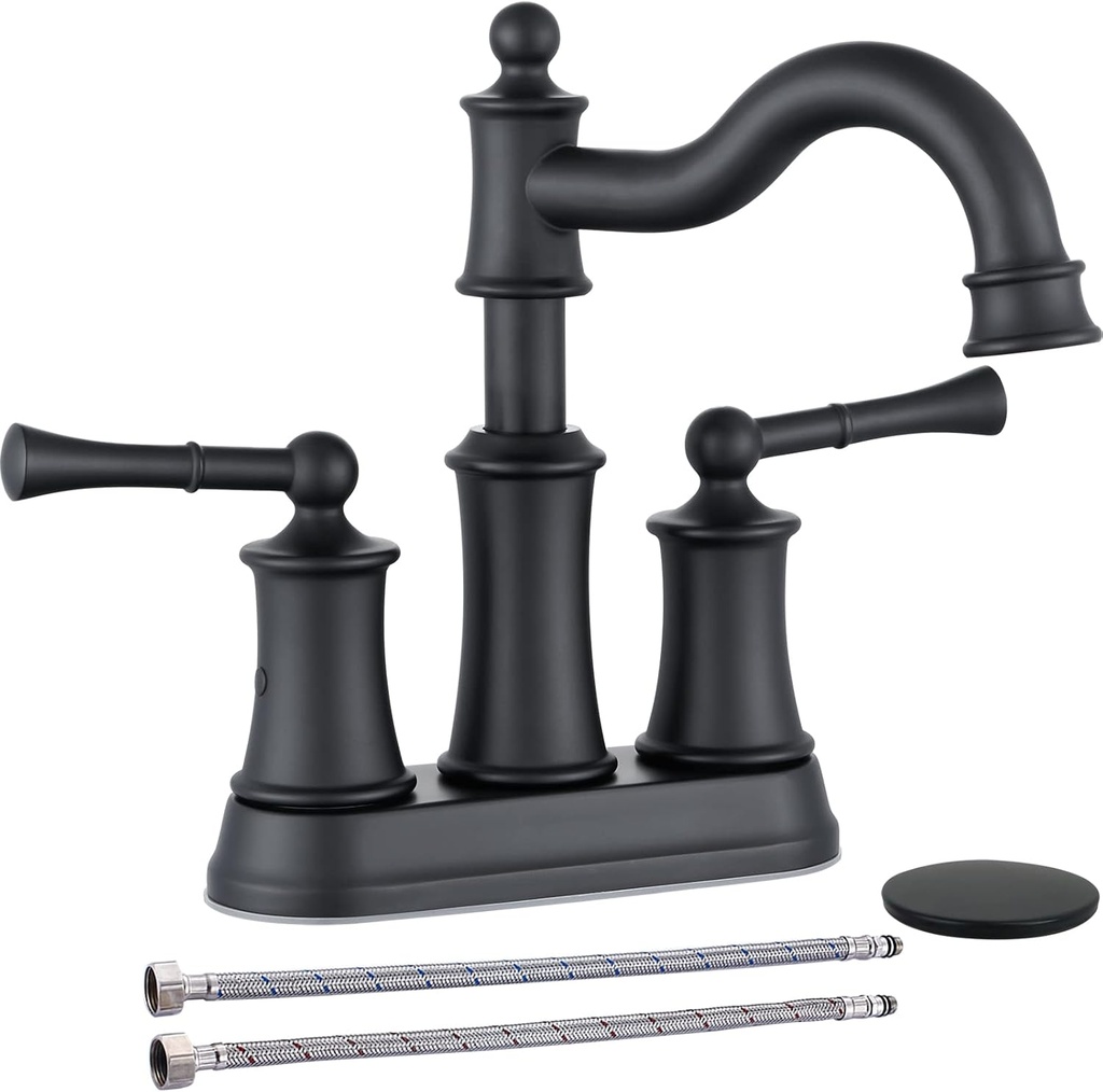 Roman Bathroom Sink Faucet Deck Mount or Wall Mount Installation Pop-up Drain Assembly with Overflow Deck Plate and Water Supply Lines Included (2 Hole Deck Mount, Matte Black)
