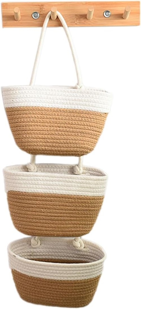 Woven Cotton Hanging Baskets, 3-Tier Woven Cotton Wall-Mounted Storage Organizer Bag Decorative Kitchen Baskets (Color-6)