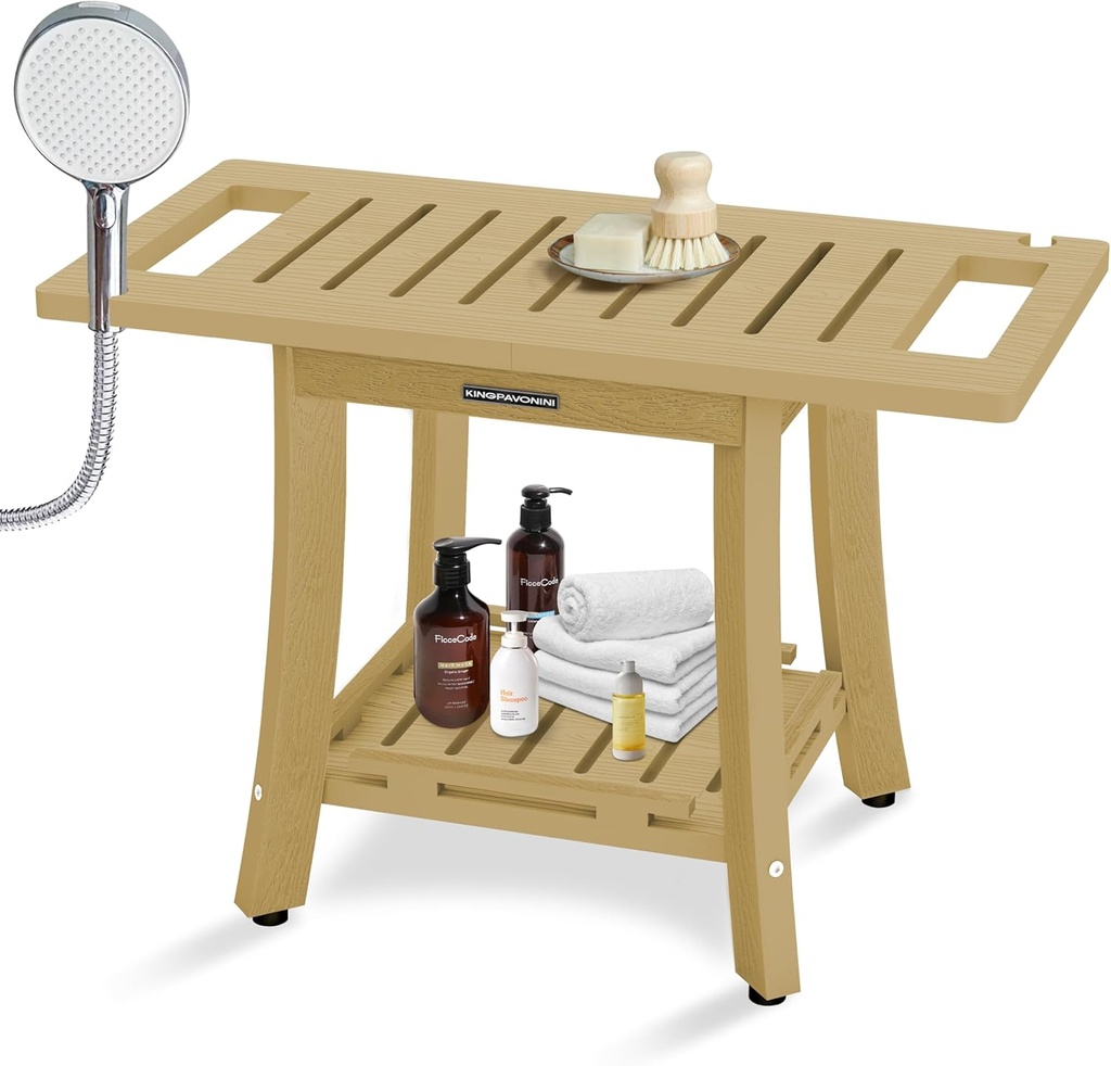 KingPavonini HDPS Shower Benches for Inside Shower to Sit on, Waterproof Shower Stool for Shaving Legs, Heavy Duty 450LBS Shower Seat with Storage Shelf, Shower Chair for Bathroom/Indoor/Outdoor Use