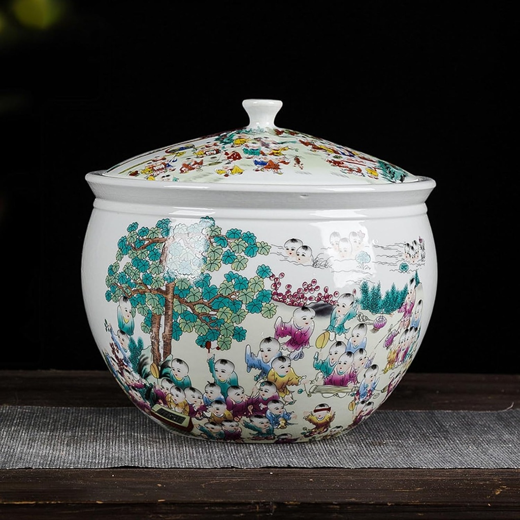 Food Airtight Storage Jars,Chinese Retro Jar with Lid,Ceramic Rice Cylinder with Lid,Airtight Rice Bucket Rice Jar,Cereals Grains Sealed Jar,Ceramics Food Dispensers(B,6KG)