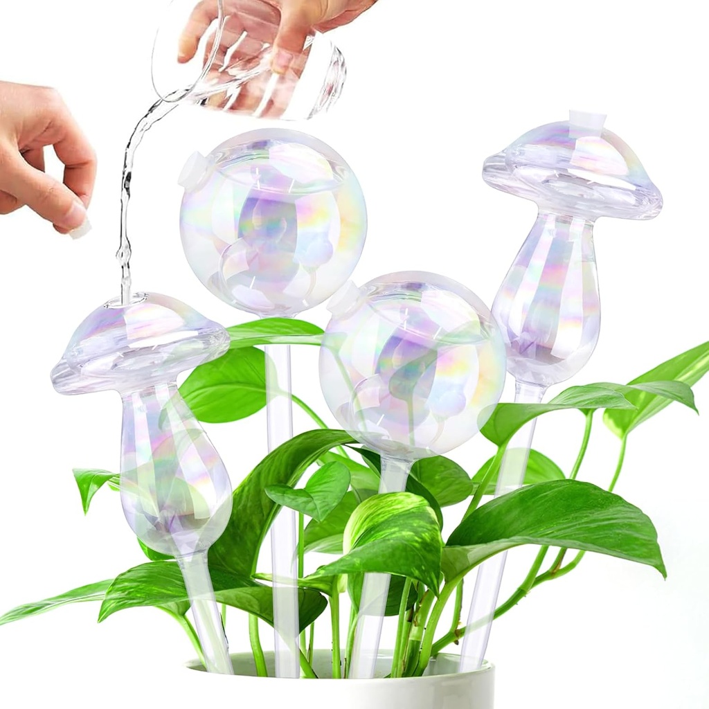 Hysagtek 4 Pack Plant Watering Globes, Self Watering Planter Insert, Plant Watering Bulbs Devices for Indoor and Outdoor Plants, Hand Blown Clear Glass Mushroom Watering Bulbs