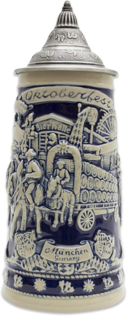 Essence of Europe Gifts 0.7 Liter German Beer Stein with Lid - Germany Festival Scene Munich, Wagon and Hops Bier Krug Beer Steins - Tankard Beer Mug