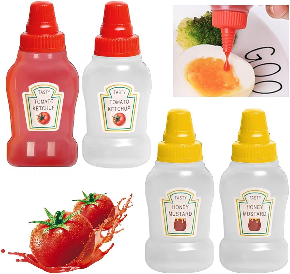4PCs Mini Ketchup Bottles, Condiment Squeeze Bottles Plastic Sauce Bottles Salad Dressing Tomato Containers Empty Ketchup and Mustard Syrup Dispenser for Kids Adults Bento Box for Office Worker 25ml