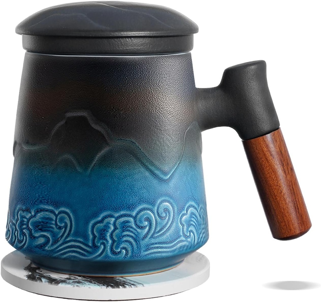 ZENS Tea Cup with Infuser and Lid for Loose Leaf Tea Steeper, 15.2 oz Ceramic Tea Mug with Fine Tea Strainers and Absorb Coaster, Wood Handle Large Diffusers Mugs Tea Lovers Gifts