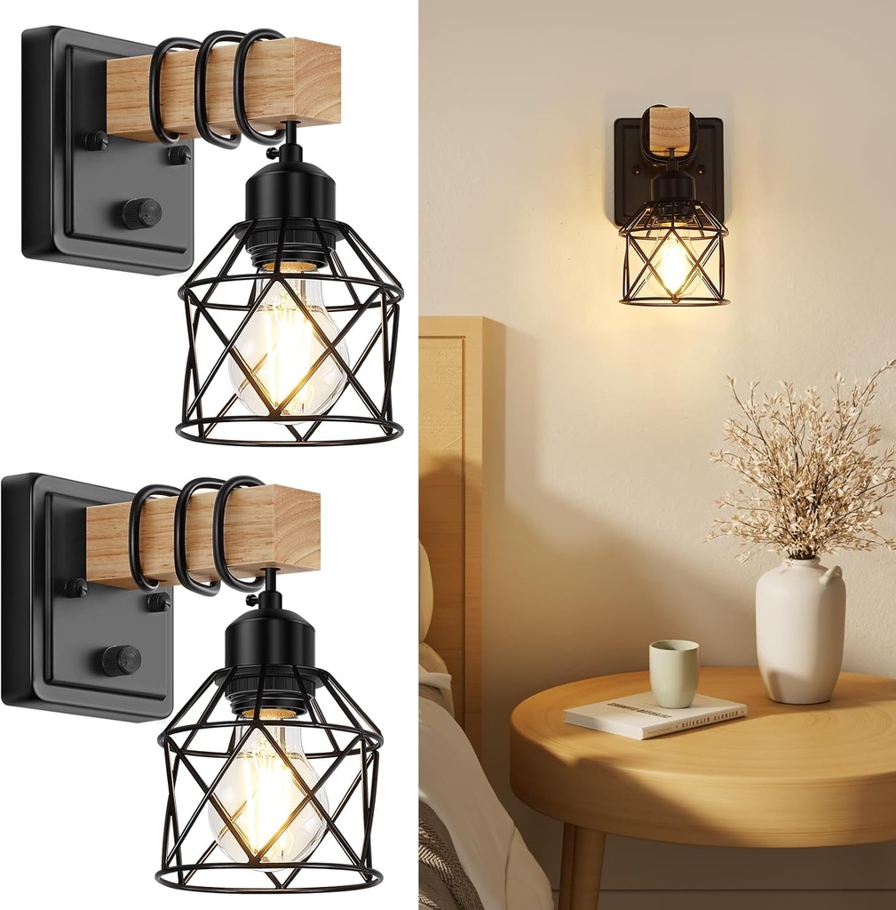 FadimiKoo Dimmable Wall Sconces Set of Two, Bedside Wall Mounted Lamp with Rotary Switch, Wooden Black Bathroom Light Fixtures with Metal Cage, Hardwired Farmhouse Wall Lights for Bedroom, Living Room