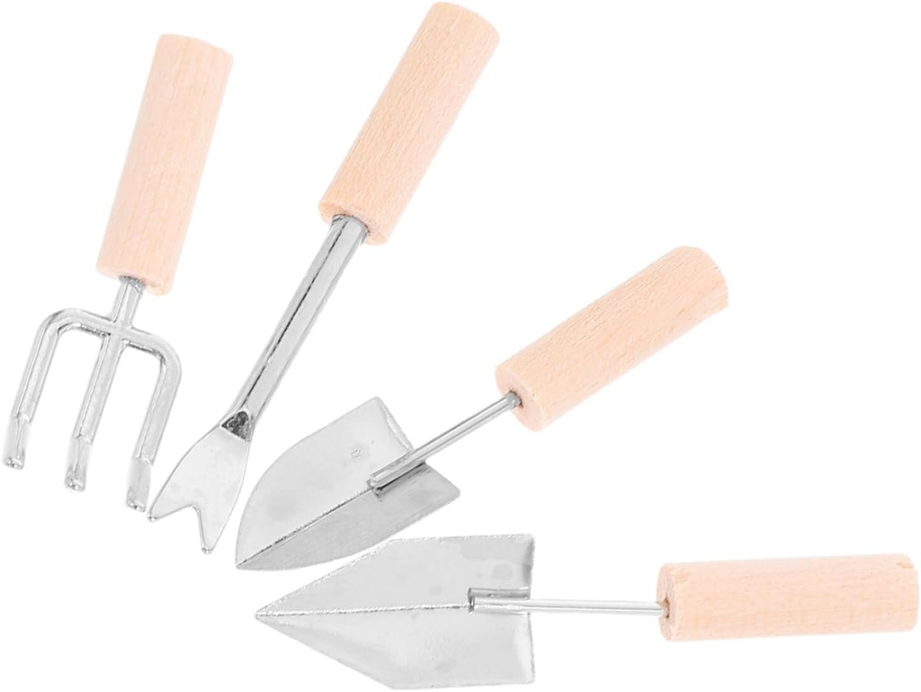 4pcs Mini Garden Tool with Wooden Handles Zen Garden Rakes Hand Shovels for Dollhouses Realistic Gardening Accessories for Miniature Scenes and Decor