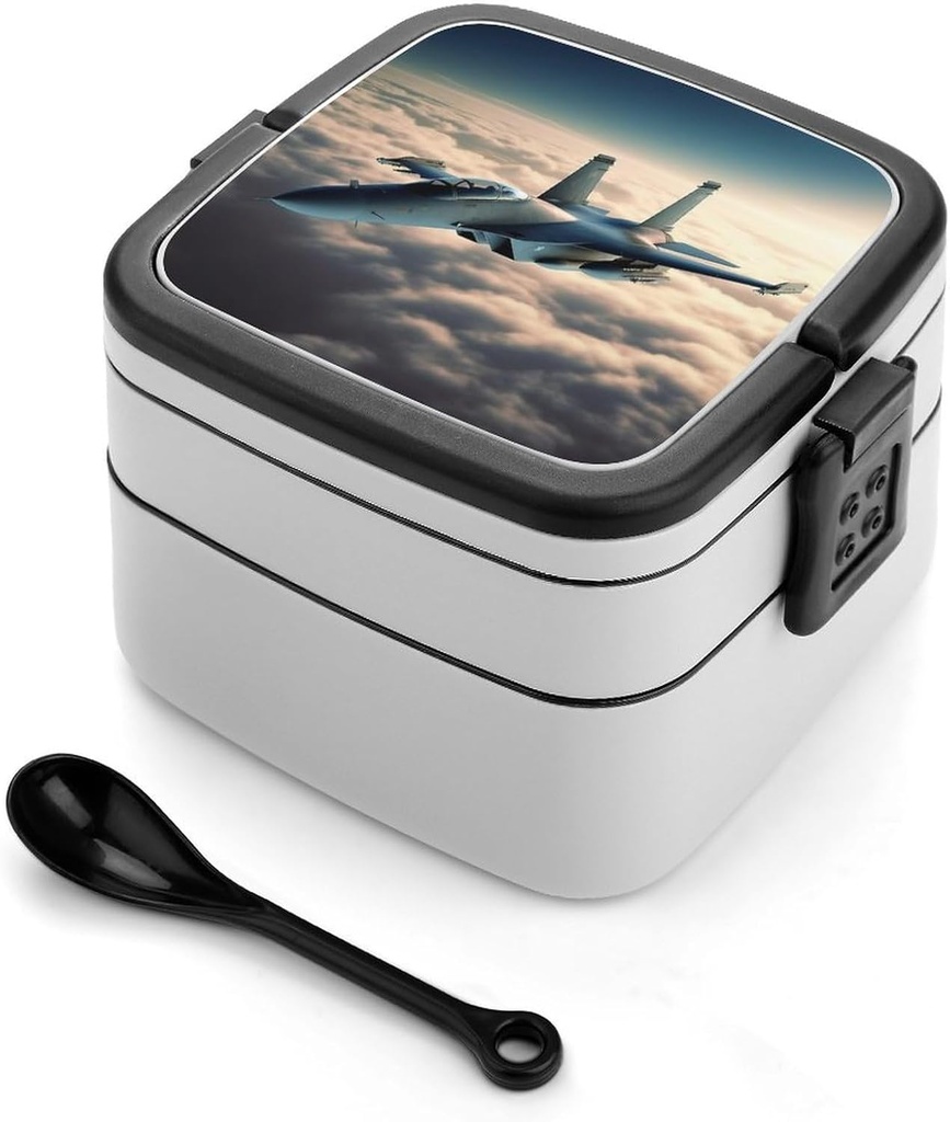 Aircraft Fighter Jets Bento Box Adult Lunch Box All-in-One Lunch Containers with Removable Compartments Double Layer Bento Lunch Box with Spoon And Handle Stackable Lunchbox