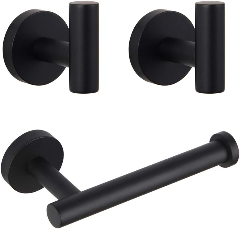 GERZWY Modern Matte Black 3-Piece Bathroom Hardware Set Toilet Paper Holder and 2X Towel Hook Wall Mounted SUS 304 Stainless Steel AG1401B-BK
