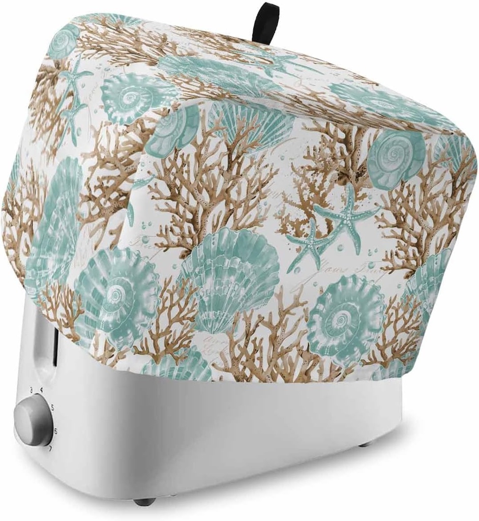 Green Coastal Seashells Toaster Cover 4 Slice, Kitchen Appliance Covers with Pocket & Loop, Nautical Brown Coral Starfish Polyester Bread Machine Covers Dust & Fingerprint Protection