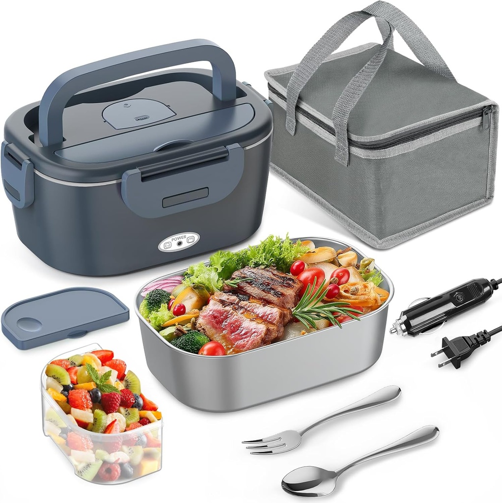 Electric Lunch Box for Adults, 80W Portable Food Warmer, 12V/24V/110V 3 in 1 Heated Lunch Box for Car/Truck/Office, with 1.5L Stainless Steel Container, Fork & Spoon and Insulated Bag (Blue)