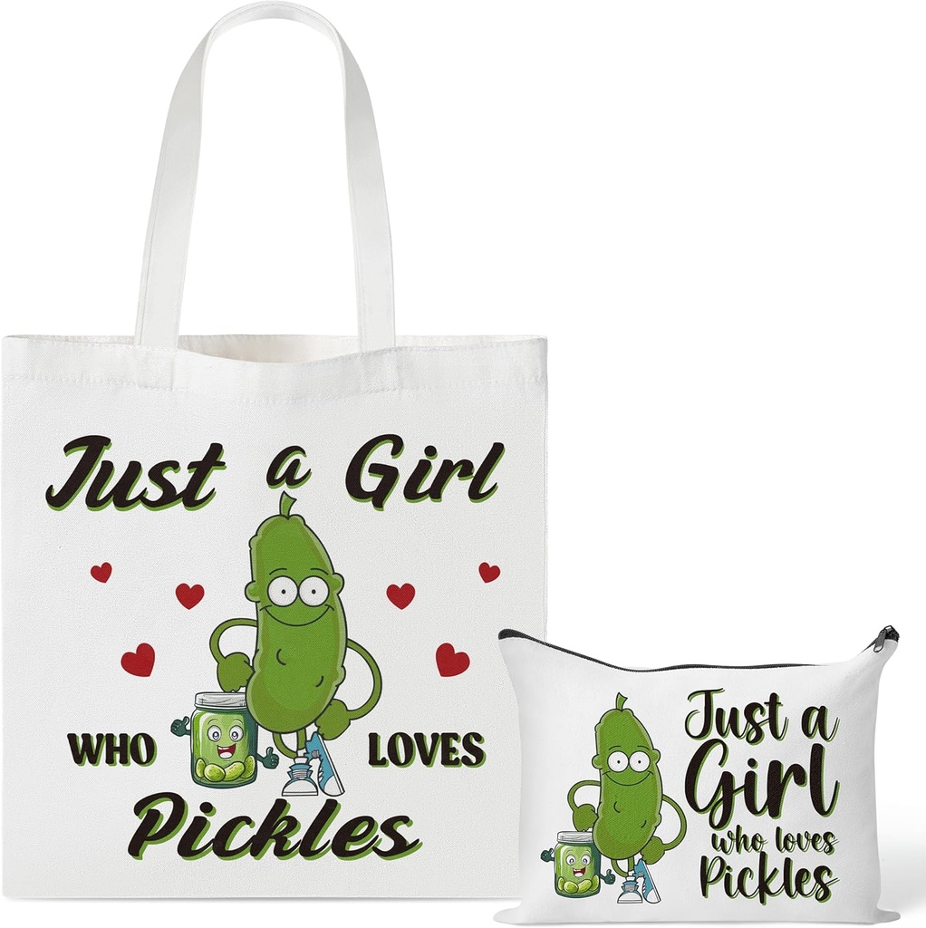 Y1tvei Pickle Canvas Tote Bag - 2Pcs Funny Pickle Makeup Bag Set, Cucumber Just A Girl Who Loves Pickles Canvas Cosmetic Pouch Tote Bag, Reusable Grocery Shopping Bag, Gifts for Pickle Lovers Women
