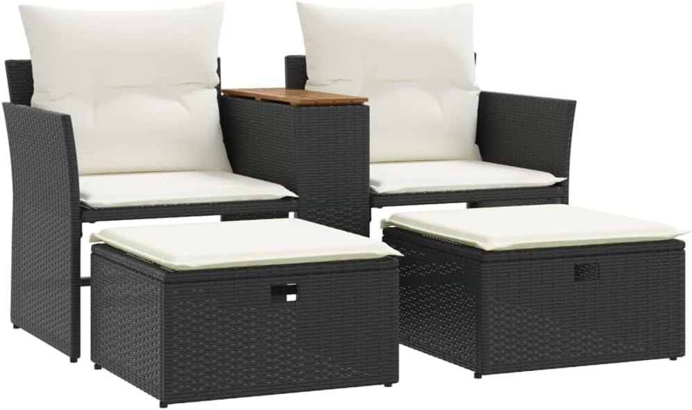 vidaXL Black Poly Rattan Patio Loveseat Bench 2-Seater with Footstools and Central Table - Sturdy PE Rattan Outdoor Sofa with Cushions for Garden, Deck
