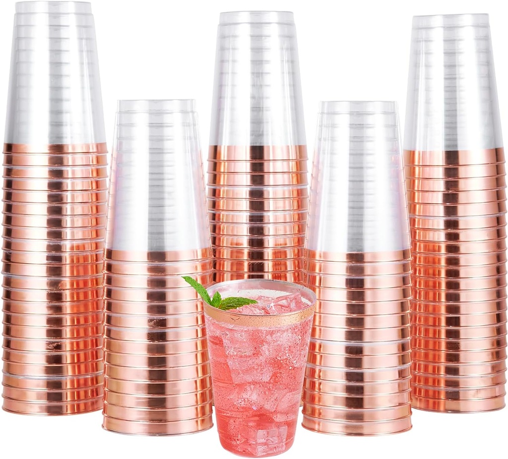 JOLLY CHEF 100 Pack Rose Gold Plastic Disposable Cups, 12 oz Clear Plastic Cups Tumblers, Elegant Rose Gold Rim Disposable Glasses Suitable for Party Wedding