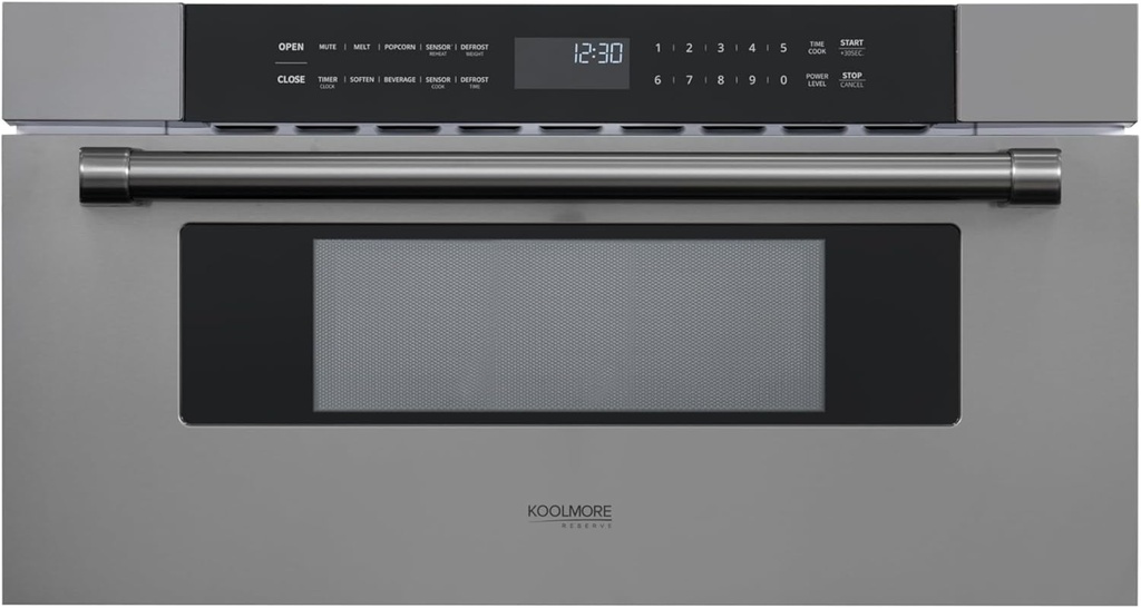 KoolMore Reserve 30 in. 1.2 cu. ft. Microwave Drawer with 10 Power Levels, Sensor Cooking, Melt, Defrost, Bake, Roast, Broil, Timer, Express Cook, 1500 Watts, UL Certified in Black Stainless-Steel