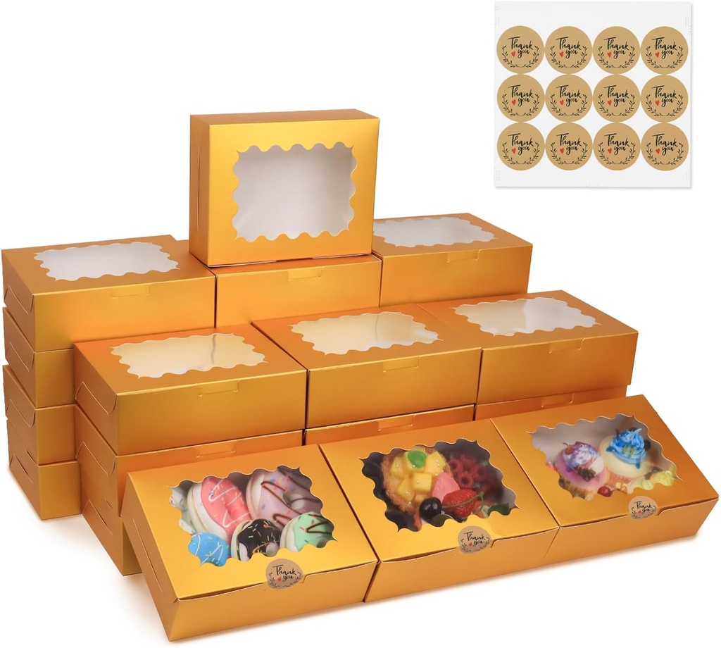 50 Pcs 8x6x2.5 Inch Bakery Boxes with Window, Gold Cookie Boxes for Gift Giving, Treat Box for Desserts, Macarons, Donuts, Pastries