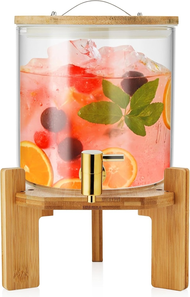 5L Glass Drink Dispenser with Stand, Glass Beverage Dispenser with Stainless Steel Spigot,Water Lemonade Dispenser for Parties, Glass Pitcher, 1.32 Gallon Water Jug Carafe for Hot/Cold Beverage