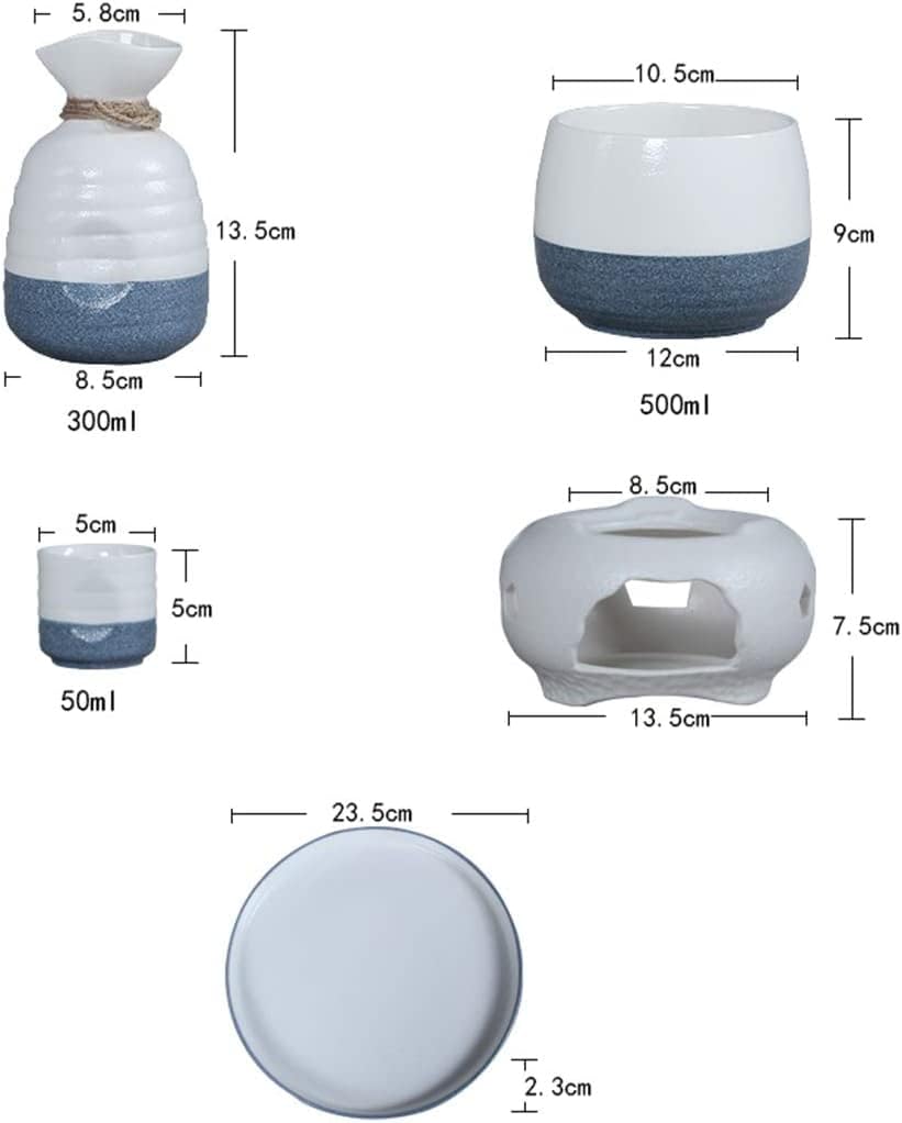 Sake Set and Cups with Warmer, Traditional Porcelain Japanese Pottery Hot Saki Drink Set Kit and Tray, 10-Piece Include 1 Stove 1 Warming Bowl 1 Sake Bottle 6 Cup