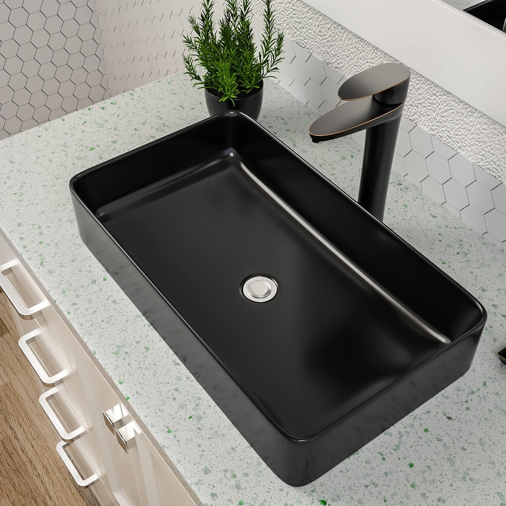 Black Vessel Sink - Dcolora 24 x 14 Bathroom Sink Matte Black Rectangular Above Counter Vessel Sink Ceramic Countertop Lavatory Vanity Bowl Sink Art Basin Sink