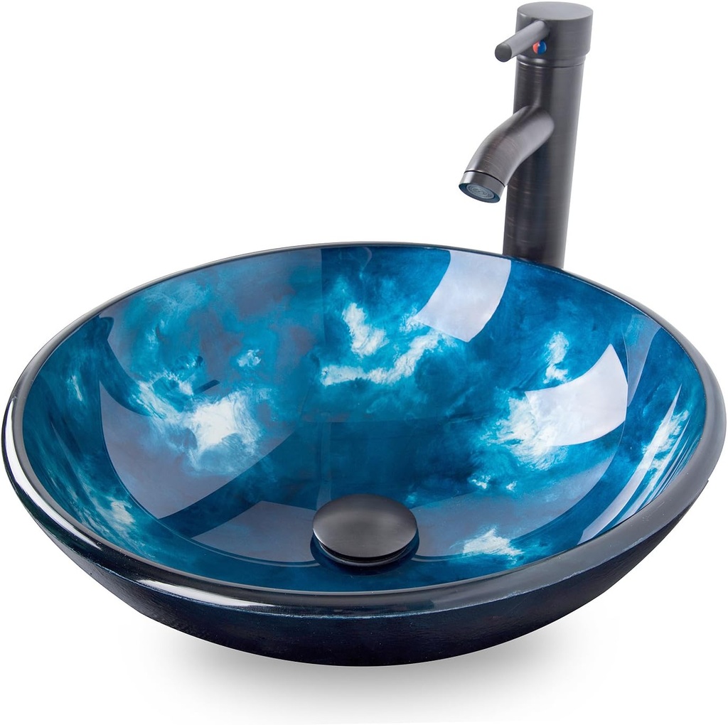 Bathroom Artistic Vessel Sink, Tempered Glass Vanity Round Bowl with Oil Rubber Bronze Faucet and Pop up drain Set, Ocean Blue