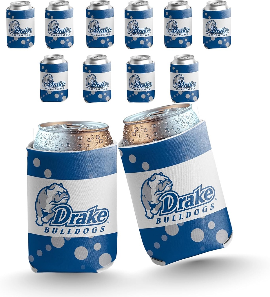 VictoryStore Drake University Can Coolers – Set of 12 – Circle Design 4 – Fits 12-16 oz Cans & Bottles – Made in USA