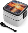 Sunset Sailboat Bento Box with Spoon, 2-layer Stackable Lunch Box Leak Proof with Invisible Handle, Insulated Food Storage for Office, Picnic & Travel