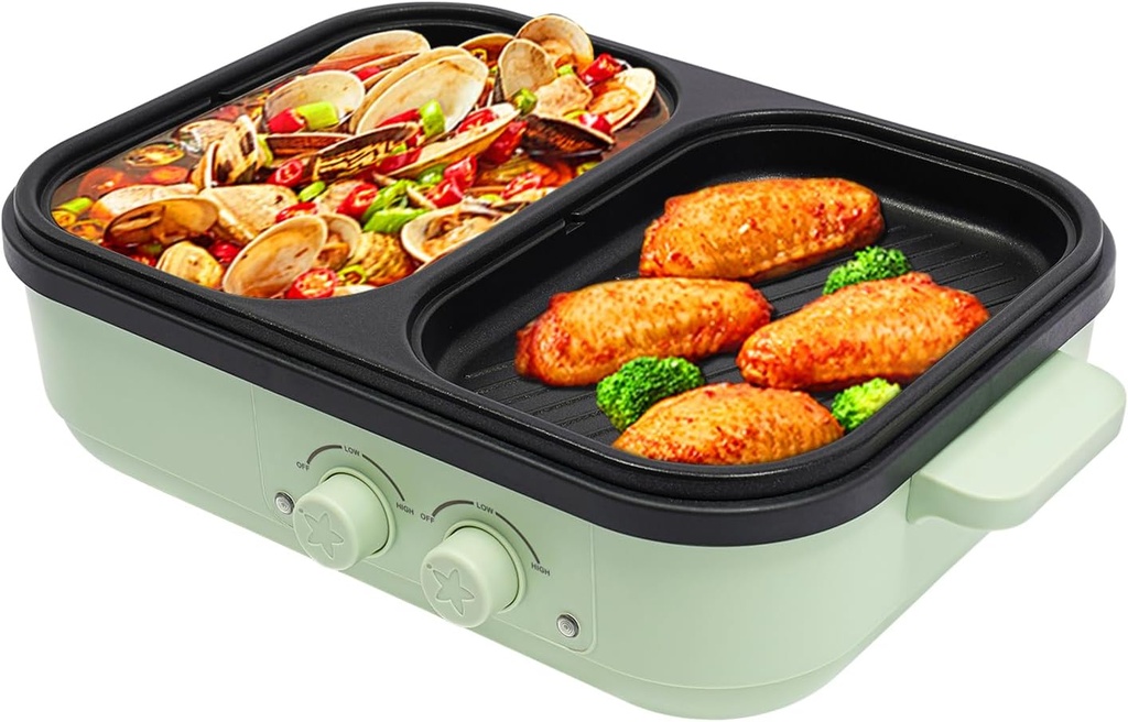 Hot Pot Electric with Grill, 2 in 1 Indoor Non-Stick Electric Pot and Griddle for Korean BBQ, Steaks, Shabu Shabu, and Noodles, Independent Dual Temperature Control, Fast Heating, Green