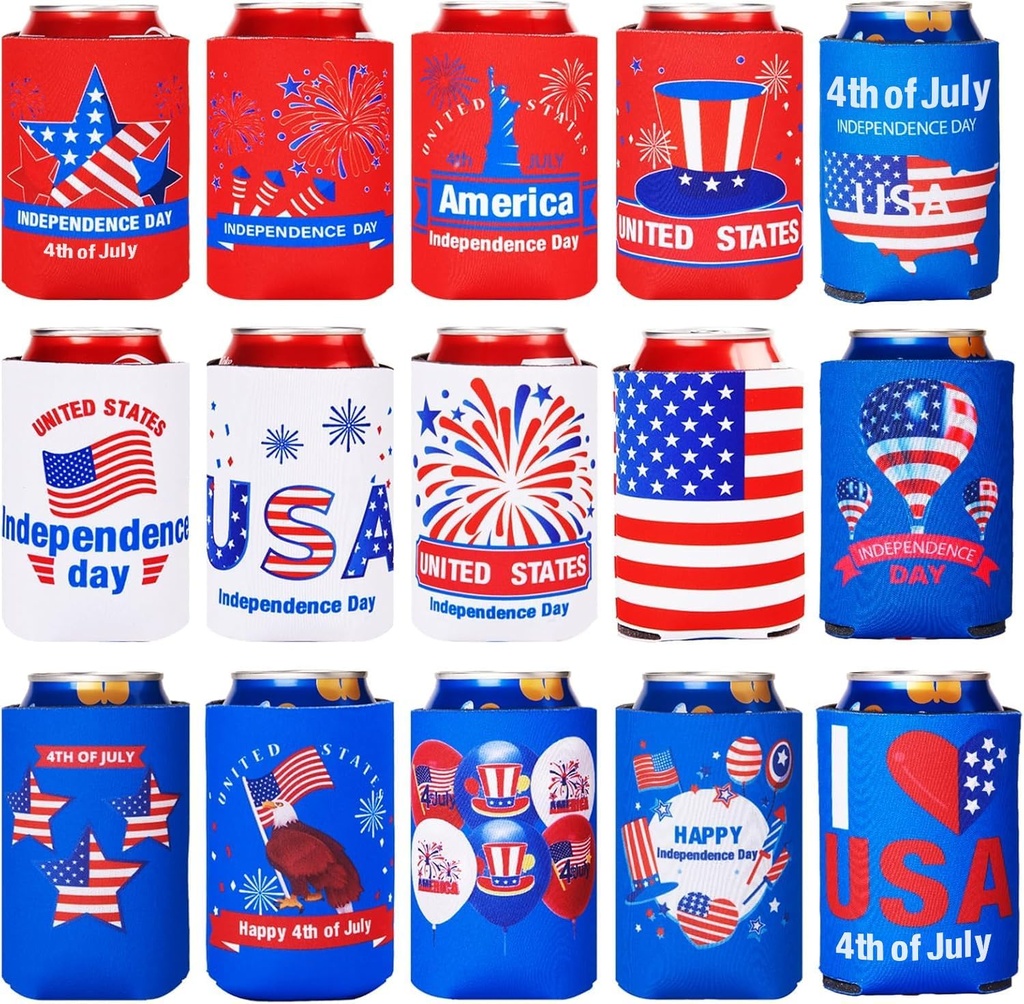 4th of July Decorations Red White Blue Decorations 16 PCs Can Cooler Sleeves for Independence Day Accessories, Collapsible Insulation Cover for Patriotic Party Supplies Memorial Day Decorations
