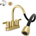 Phiestina Brushed Gold 4 in Centerset Bathroom Sink Faucet with Pull-Out Sprayer, Lead-Free Stainless Steel, Metal Pop-Up Drain, Water Supply Lines, Utility Laundry Faucet，BF04011-K01-BG