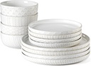 Stoneware Dinnerware Sets Service for 4, 12 pcs Reactive Glaze Plates and Bowls Sets, Embossed Boho Ceramic Dish Set, Highly Chip and Crack Resistant Farmhouse Plate Set, Ivory White