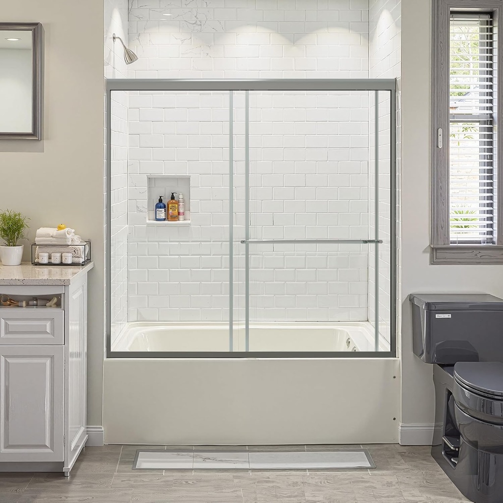 Shower Door 56"- 60" W x 62" H Glass Shower Doors Double Sliding Semi-Frameless Tub Shower Door with 1/4" (6mm) Clear Thick SGCC Tempered Bathtub Door, Stainless Steel Handle, Brushed Nickel