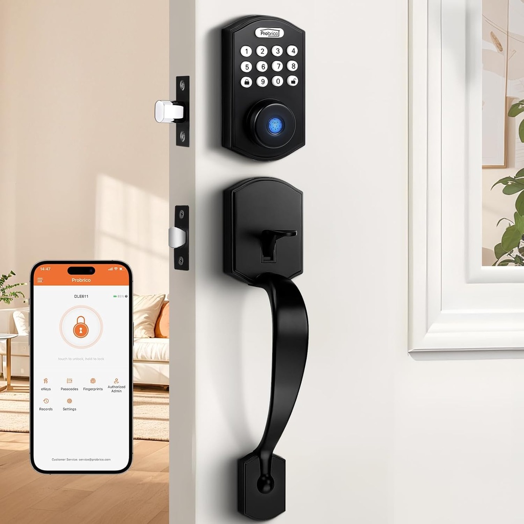 Probrico Smart Keyless Entry Door Lock Deadbolt,Front Door Handleset with Fingerprint Deadbolt, Electronic Digital Keypad Deadbolt Lock with Handle,App,Auto-Locking,Black