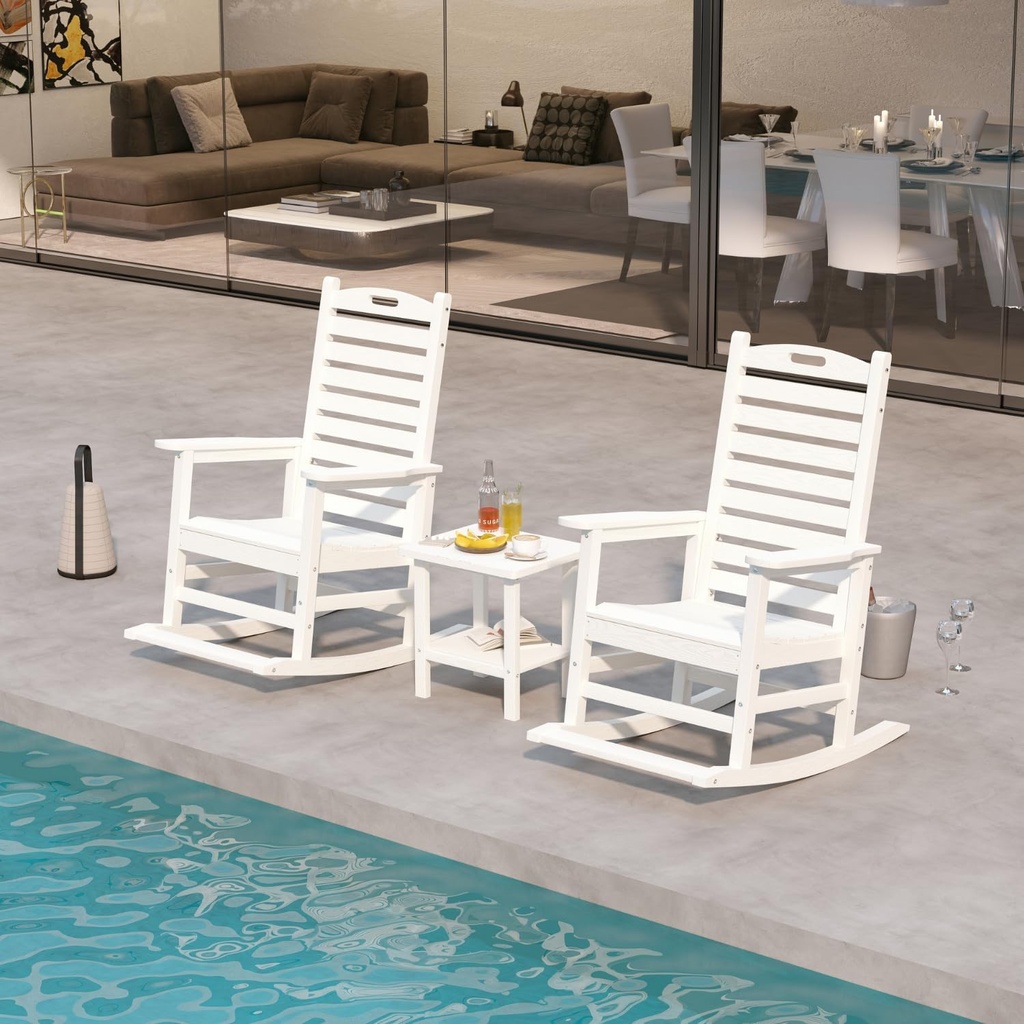 Outdoor Rocking Chairs Set of 2 with Footrest, HDPE Modern Rocking Lawn Chair for Garden, Poolside, Deck (White)