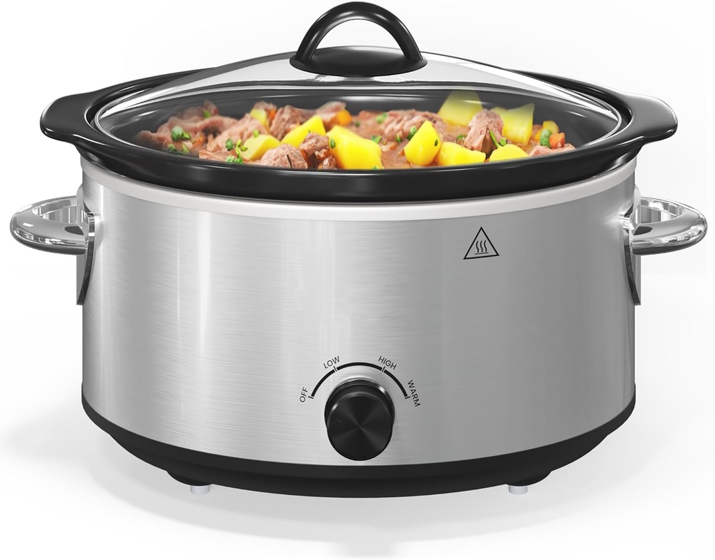 HEYNEMO 4 Quart Slow Cooker, Small Slow Cooker with 3 Cooking Settings, Dishwasher-safe Ceramic Pot, Glass Lid, Stainless Steels