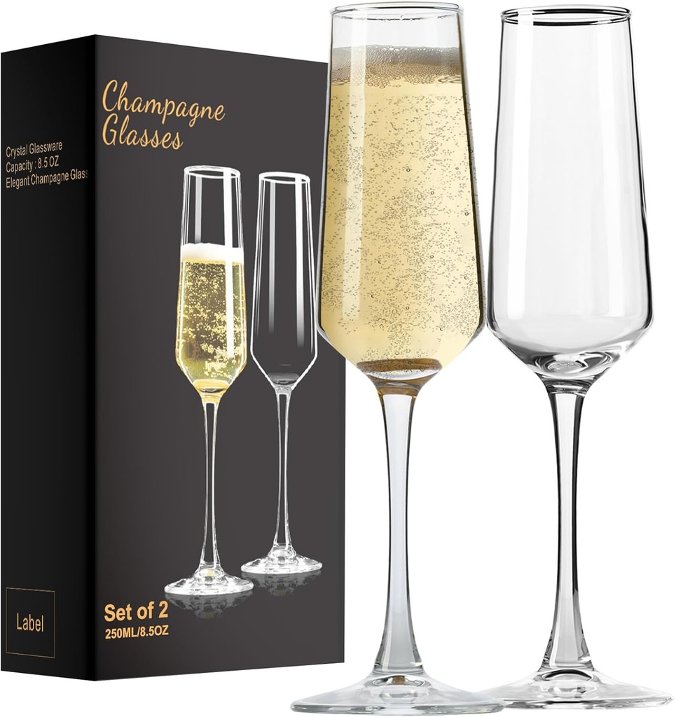 Champagne Glasses 8.5 OZ, Champagne Flutes set of 2, Unique Champagne Gift for Birthday, Wedding, Anniversary, Ideal for Home Bar, Parties etc