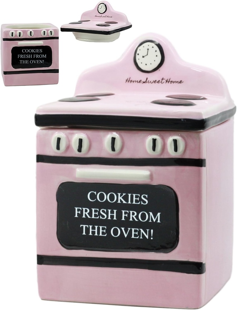 Ebros "Cookies Fresh From Oven!" Ceramic Vintage Pink Oven Cookie Jar With Seal Tight Lid Decorative 7.25"Tall Kitchen Accessory Figurine