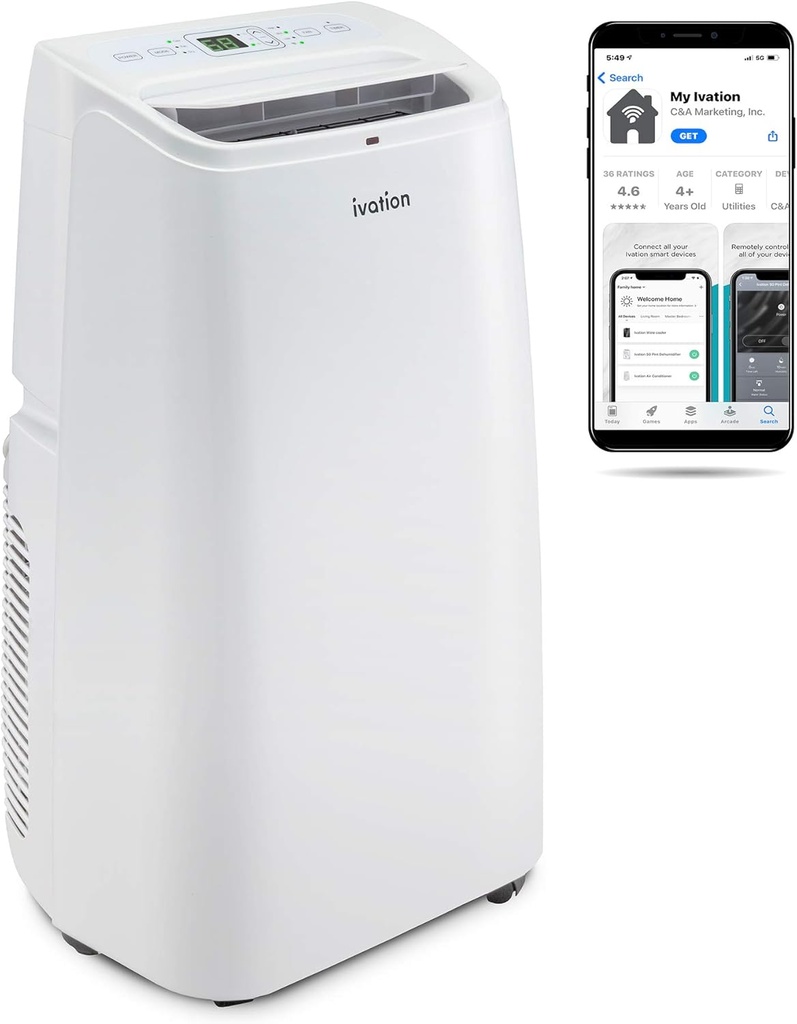 Ivation 12,000 BTU Portable Air Conditioner with Wi-Fi for Rooms Up to 450 Sq Ft (8,000 BTU SACC) 3-in-1 Smart App Control Cooling System, Dehumidifier and Fan with Remote, Exhaust Hose & Window Kit
