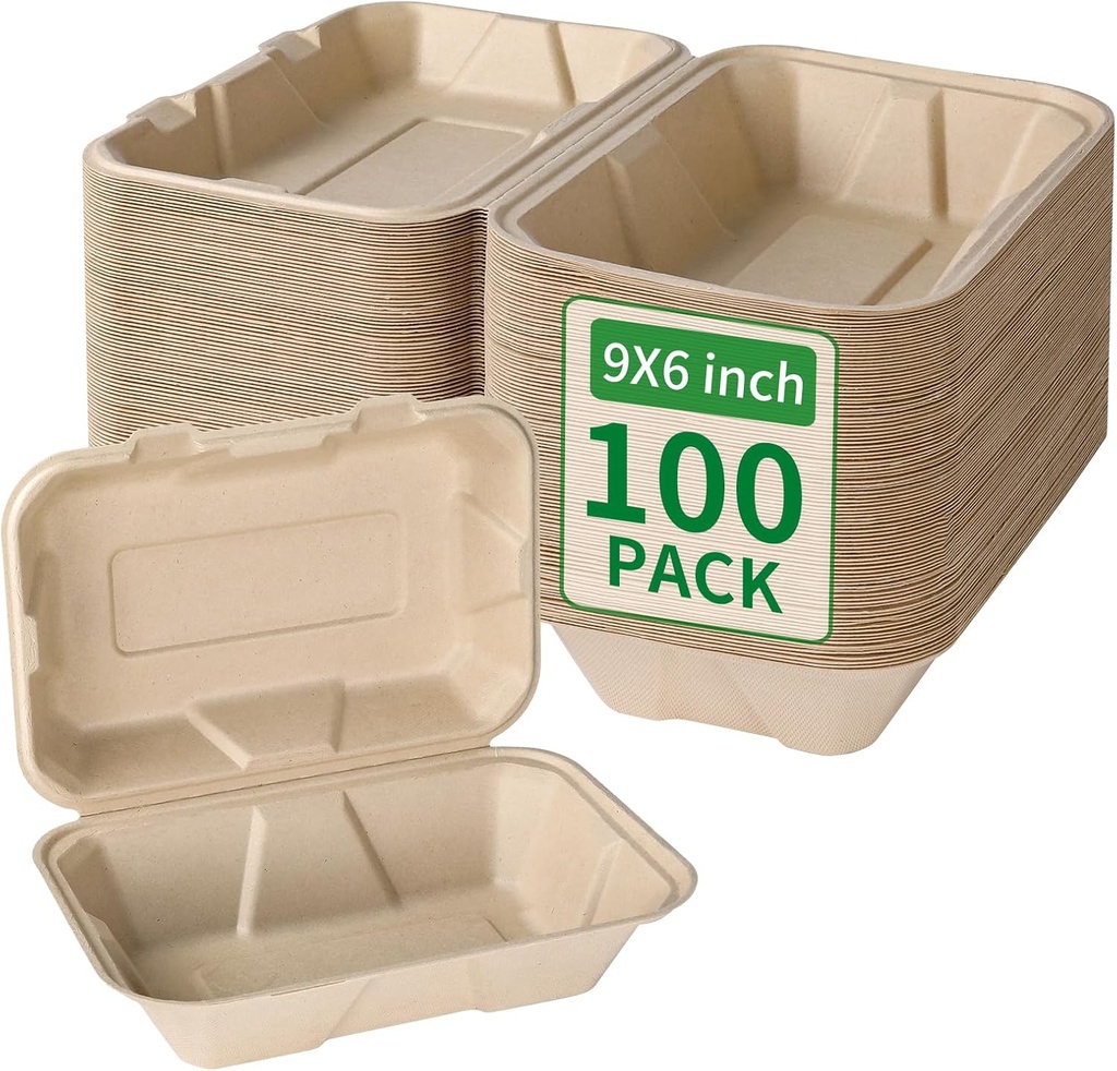 Aricsen Compostable 100 Pack 9x6 Inch Takeout Lunch Box Containers with Lid To Go Take Out Clamshell for Food, Disposable Eco-Friendly Biodegradable Bagasse, PFAS-Free, Brown