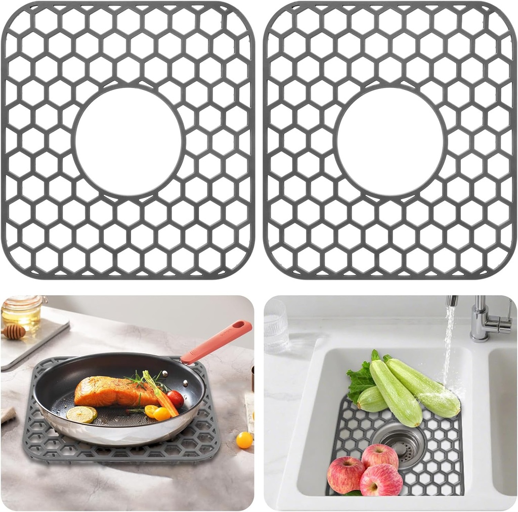 EEEkit 2PCS Sink Protectors for Kitchen Sink, 12.4×11.5 inch Non-Slip Silicone Mat for Bottom of Stainless Steel and Ceramic Sinks