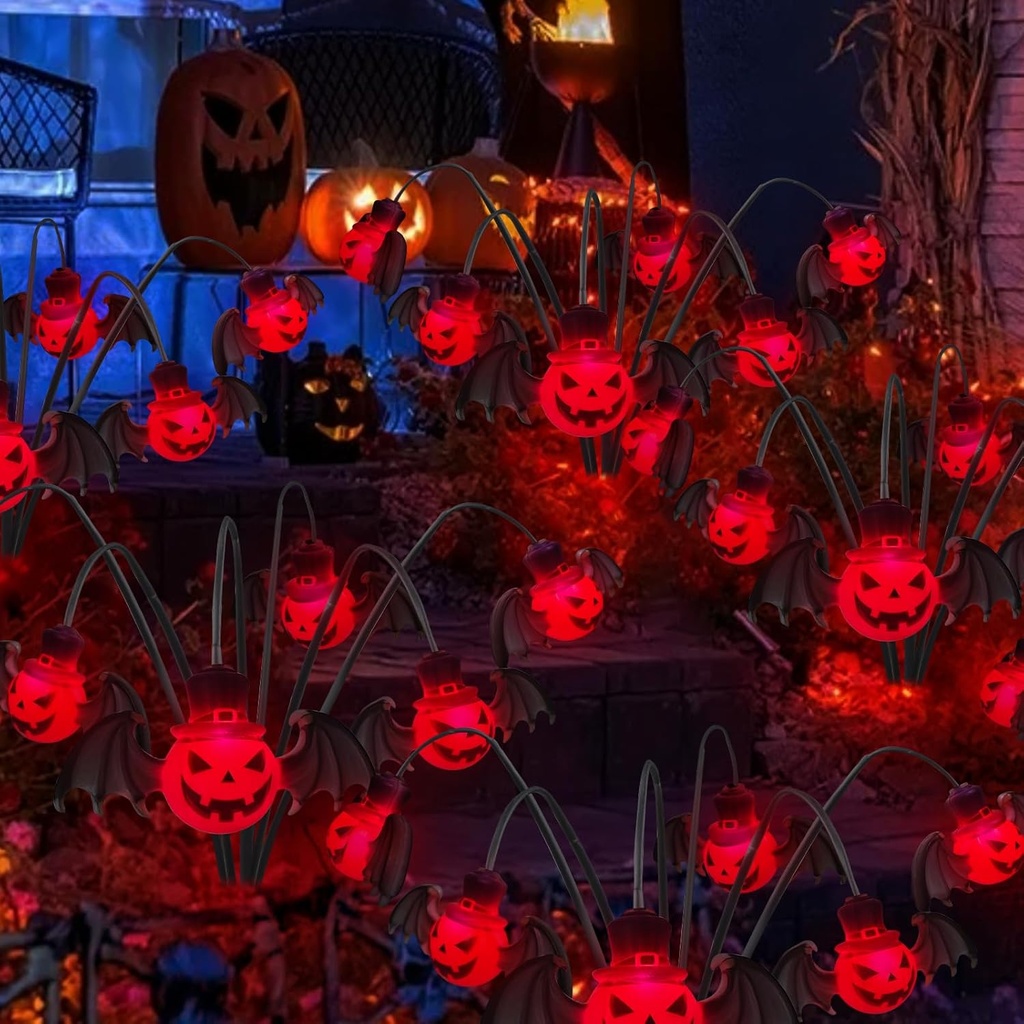 2PACKS 12LED Halloween Decorations Solar Garden Lights Outdoor,3D Scary RED Bat&Pumpkin Swaying Firefly Lights for Spooky Halloween Party Gifts Decor,Solar Halloween Path Lights for Yard/Grave Decor