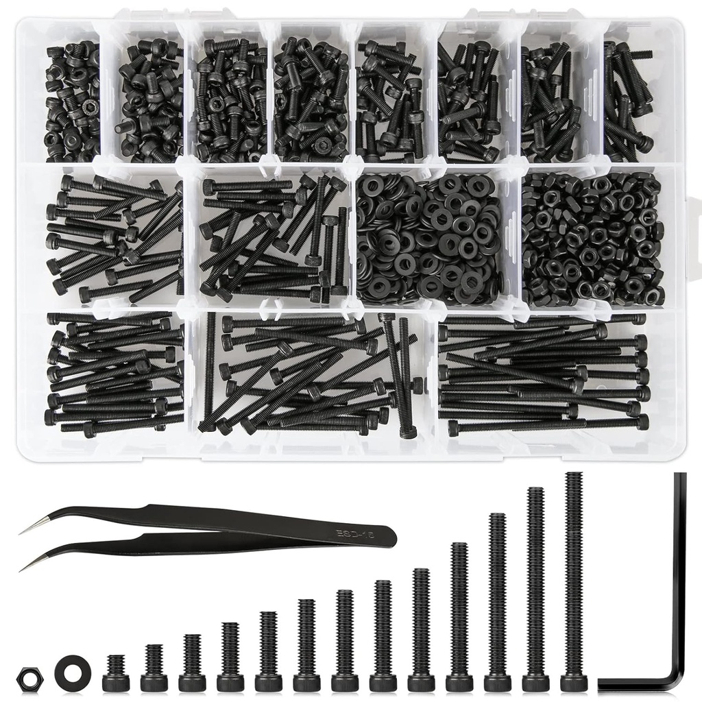 1023PCS Metric M3 Bolt Assortment 4MM to 40MM 13 Lengths, 12.9 Alloy Steel Screws Nuts and Washers Hex Socket Head Cap Machine Screws, Black Bolts and Nuts Kit