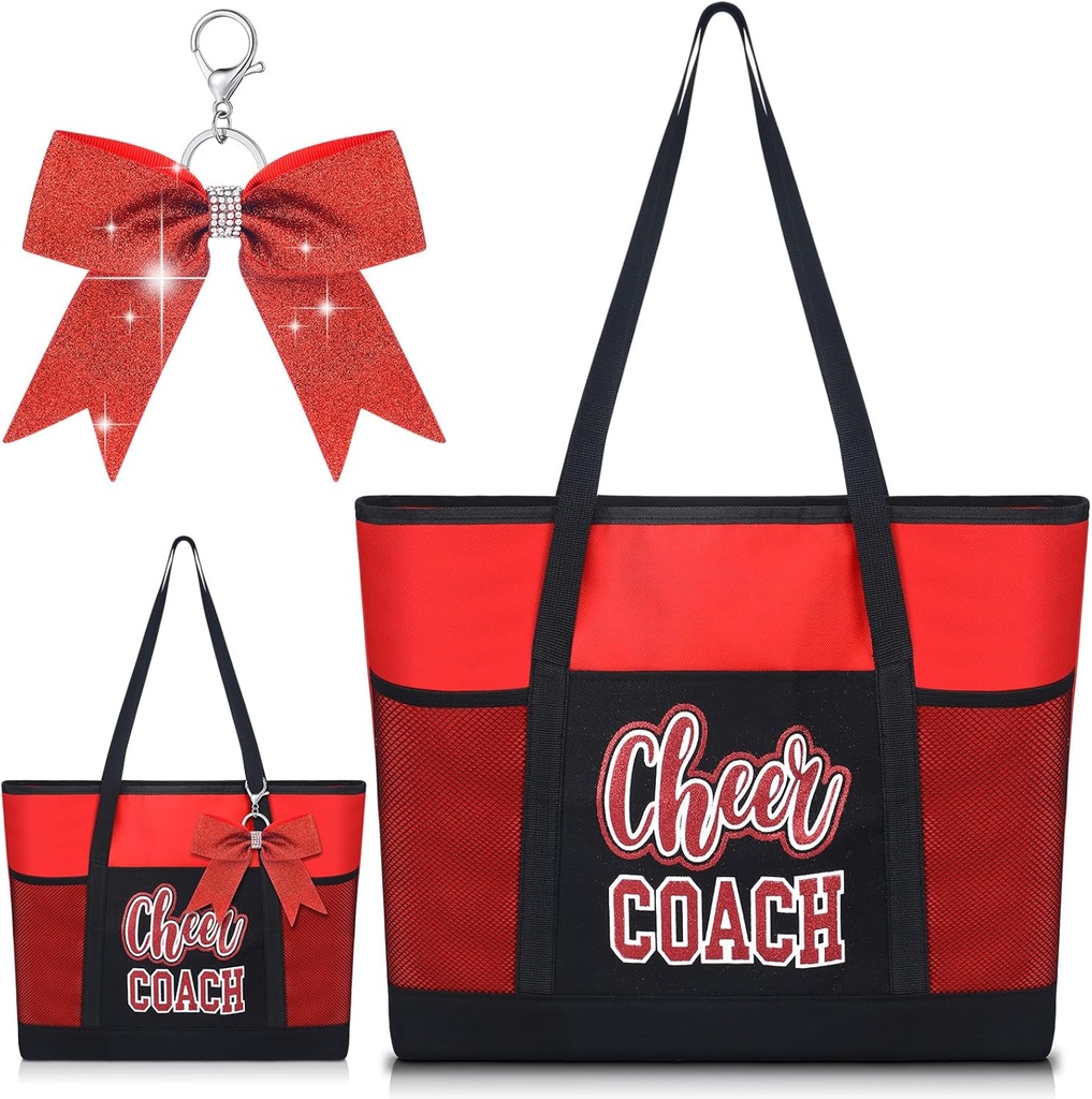 Cheer Coach Tote Bag for Women with Keychain Bow, 19.6x13.7x3.93'' Cheerleader Coach Bag Cheerleading Gift