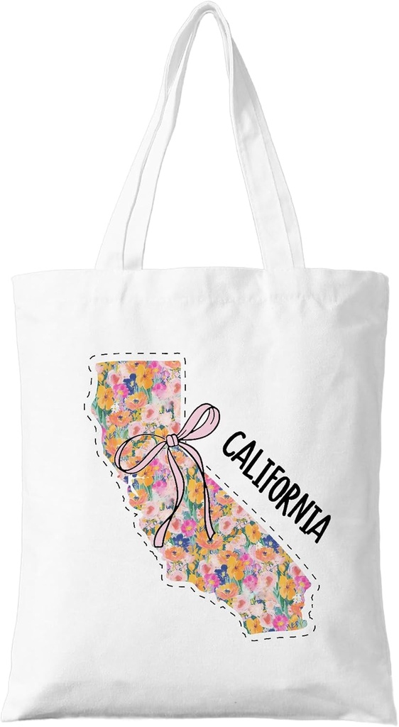 California State Poppy Tote Bag - Trendy Girly Coquette Bow Floral Design - Cute Wildflower Canvas Bag - Reusable Golden State Tote for Women & California Lovers. (158)