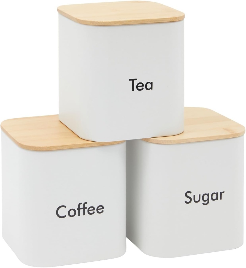 Juvale Coffee Bean Storage Canisters for Countertop - 3-Piece White Iron 48 oz Set - Silicone Seal Lids for Freshness - Sugar Jar & Tea Organizer - Coffee Bar Accessories & Countertop Organization